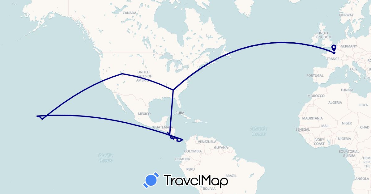 TravelMap itinerary: driving in Costa Rica, France, Nicaragua, Panama, United States (Europe, North America)
